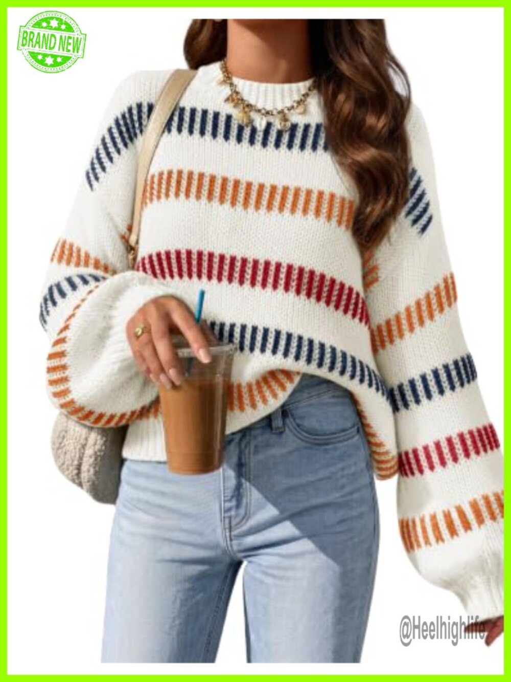 Womens Striped Knit Pullover Sweater Oversized Loose Fit